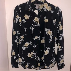 H&M charcoal grey dress shirt with yellow flowers2